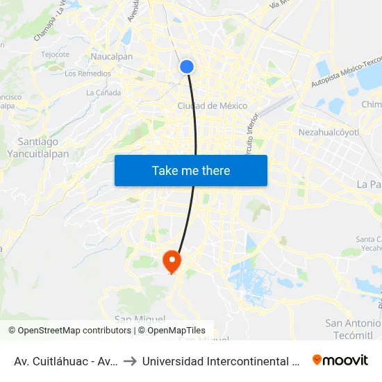 Av. Cuitláhuac - Av. Jardin to Universidad Intercontinental Campus Sur map