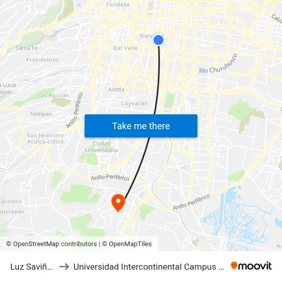 Luz Saviñón to Universidad Intercontinental Campus Sur map