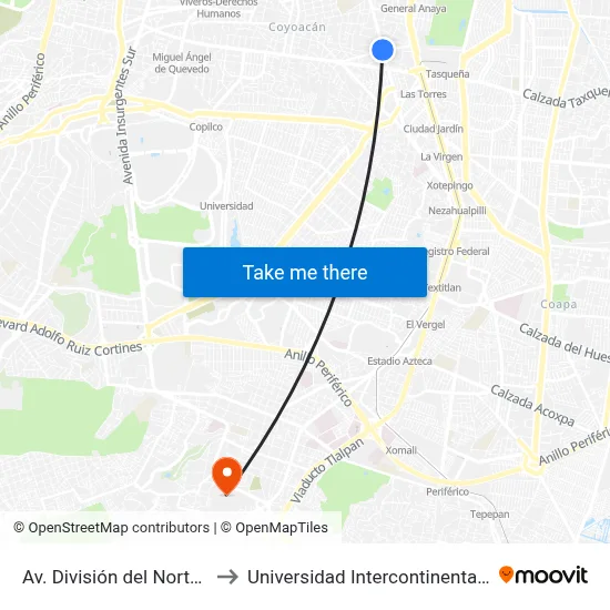 Av. División del Norte - América to Universidad Intercontinental Campus Sur map
