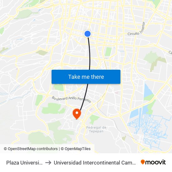 Plaza Universidad to Universidad Intercontinental Campus Sur map