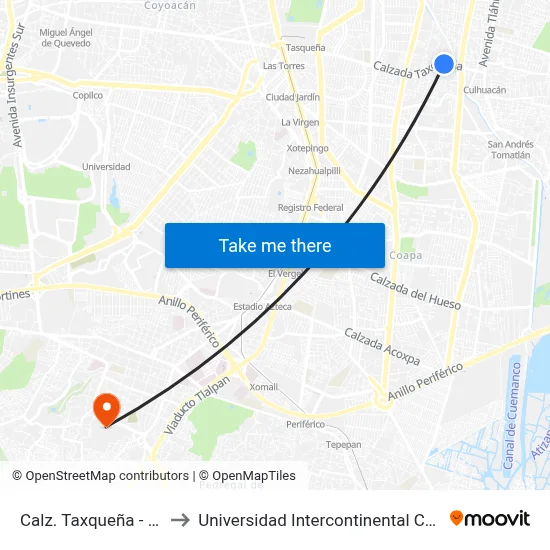 Calz. Taxqueña - Zapata to Universidad Intercontinental Campus Sur map