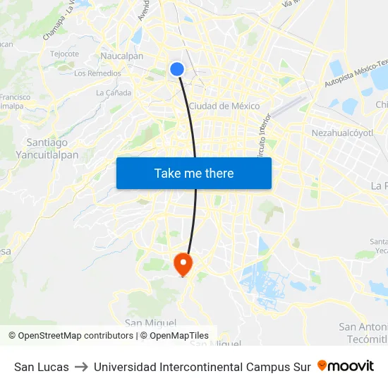 San Lucas to Universidad Intercontinental Campus Sur map