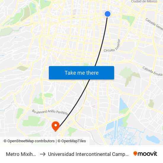 Metro Mixihuca to Universidad Intercontinental Campus Sur map