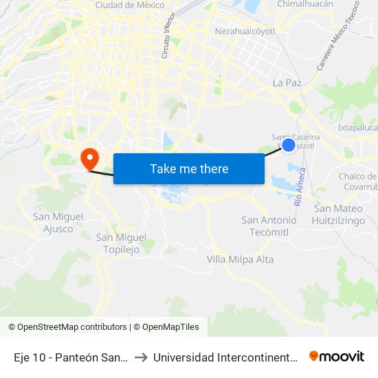 Eje 10 - Panteón Santa Catarina to Universidad Intercontinental Campus Sur map