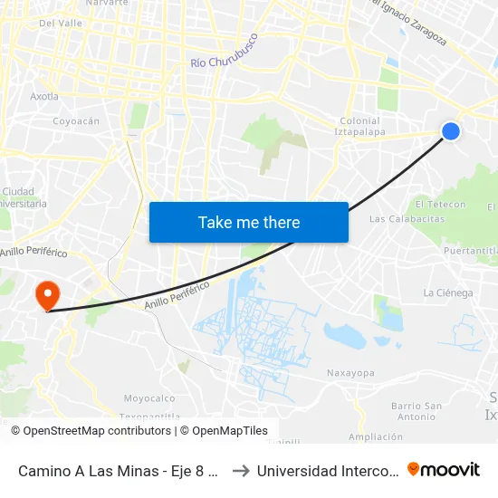 Camino A Las Minas - Eje 8 Sur Calzada Ermita - Iztapalapa to Universidad Intercontinental Campus Sur map