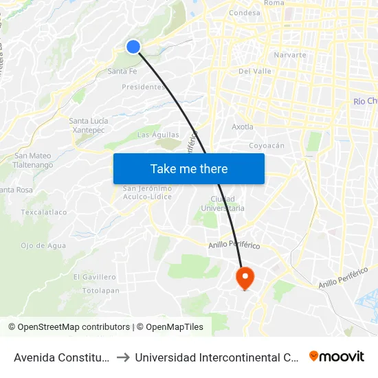 Avenida Constituyentes to Universidad Intercontinental Campus Sur map