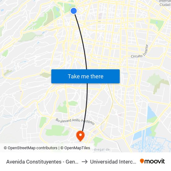 Avenida Constituyentes - General Pedro Antonio de Los Santos to Universidad Intercontinental Campus Sur map