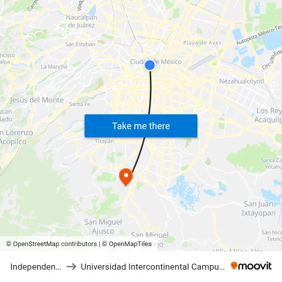 Independencia to Universidad Intercontinental Campus Sur map