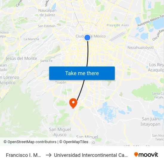 Francisco I. Madero to Universidad Intercontinental Campus Sur map