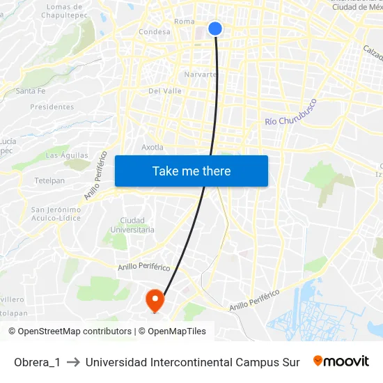 Obrera_1 to Universidad Intercontinental Campus Sur map