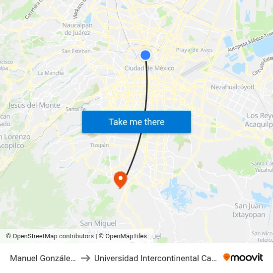Manuel González_1_3 to Universidad Intercontinental Campus Sur map