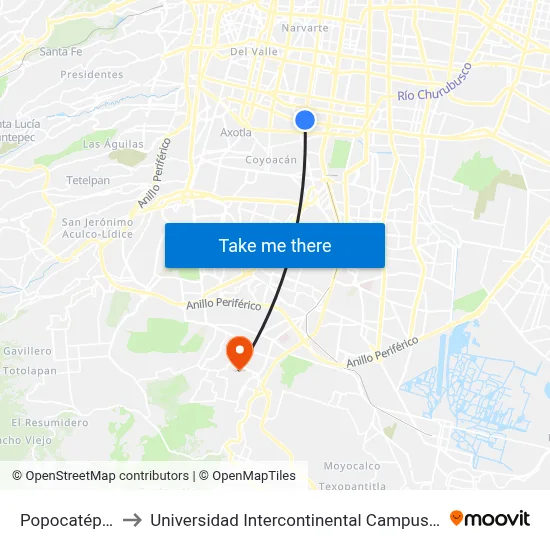 Popocatépetl to Universidad Intercontinental Campus Sur map