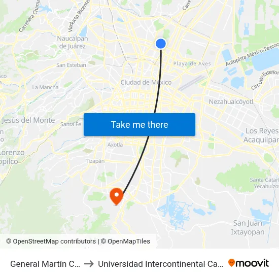 General Martín Carrera to Universidad Intercontinental Campus Sur map