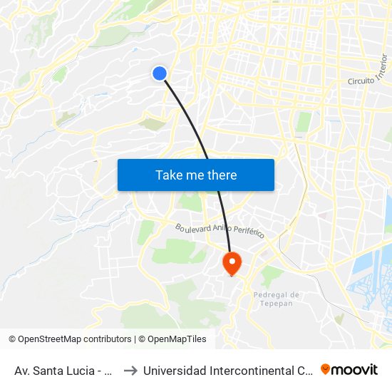 Av. Santa Lucia - Calle 11 to Universidad Intercontinental Campus Sur map
