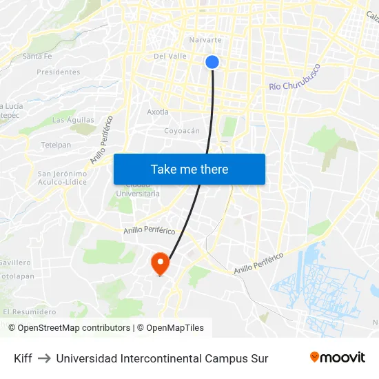 Kiff to Universidad Intercontinental Campus Sur map