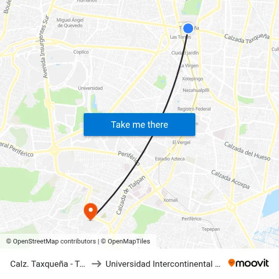 Calz. Taxqueña - Tasqueña to Universidad Intercontinental Campus Sur map
