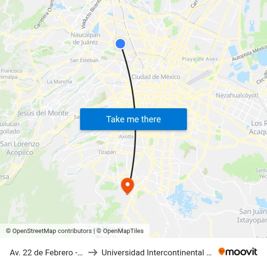 Av. 22 de Febrero - Minerva to Universidad Intercontinental Campus Sur map