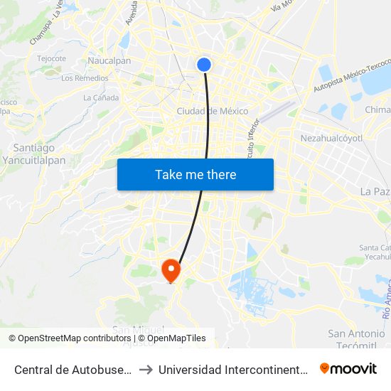 Central de Autobuses del Norte to Universidad Intercontinental Campus Sur map