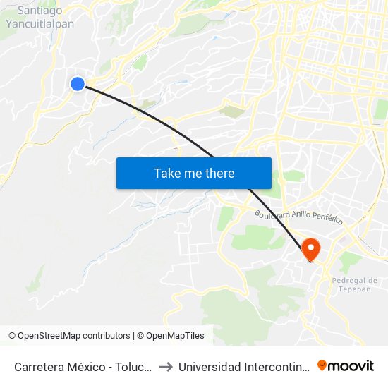 Carretera México - Toluca - Puente El Yaqui to Universidad Intercontinental Campus Sur map