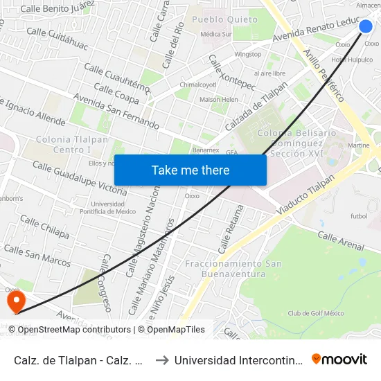 Calz. de Tlalpan -  Calz. México-Xochimilco to Universidad Intercontinental Campus Sur map