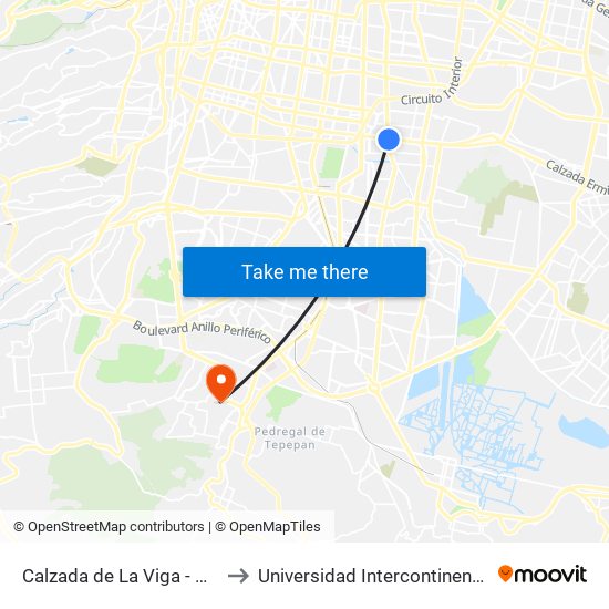 Calzada de La Viga - Mexicaltzingo to Universidad Intercontinental Campus Sur map