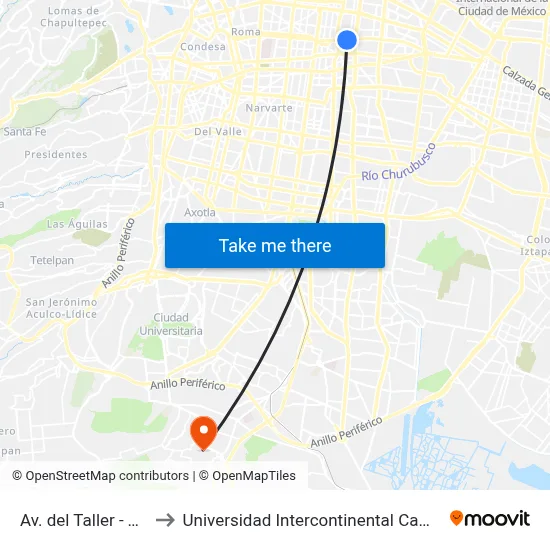 Av. del Taller - Torno to Universidad Intercontinental Campus Sur map