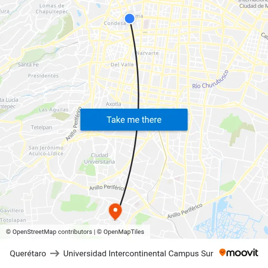 Querétaro to Universidad Intercontinental Campus Sur map