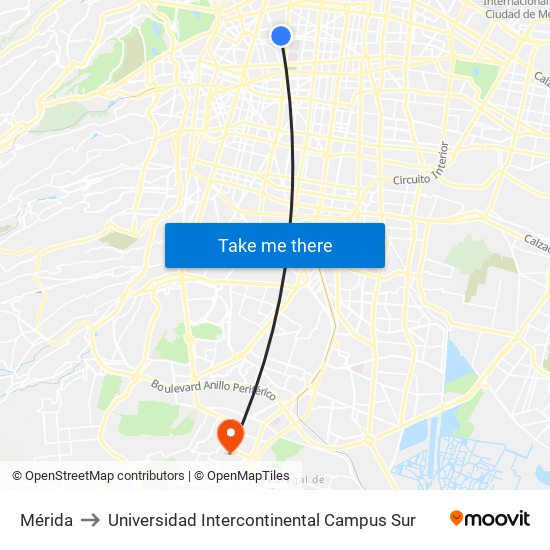 Mérida to Universidad Intercontinental Campus Sur map