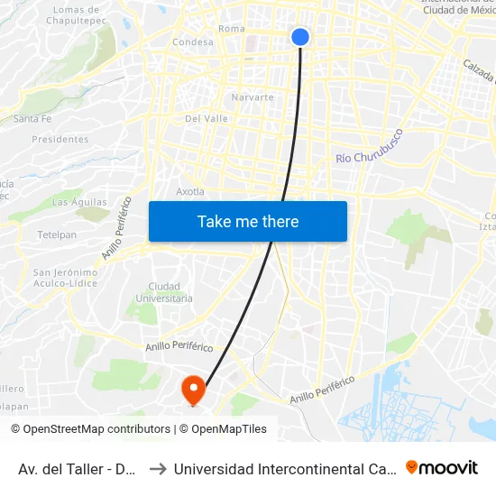 Av. del Taller - Delgado to Universidad Intercontinental Campus Sur map