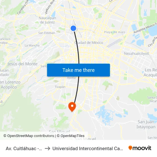 Av. Cuitláhuac - Piña to Universidad Intercontinental Campus Sur map