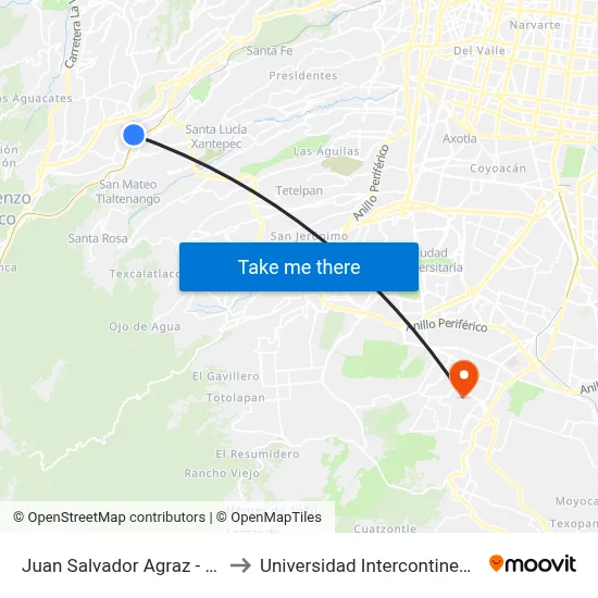 Juan Salvador Agraz - Office Depot_1 to Universidad Intercontinental Campus Sur map