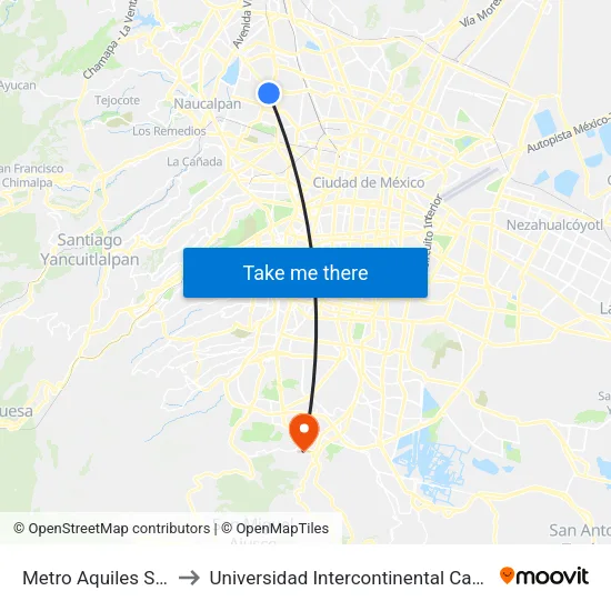 Metro Aquiles Serdán to Universidad Intercontinental Campus Sur map