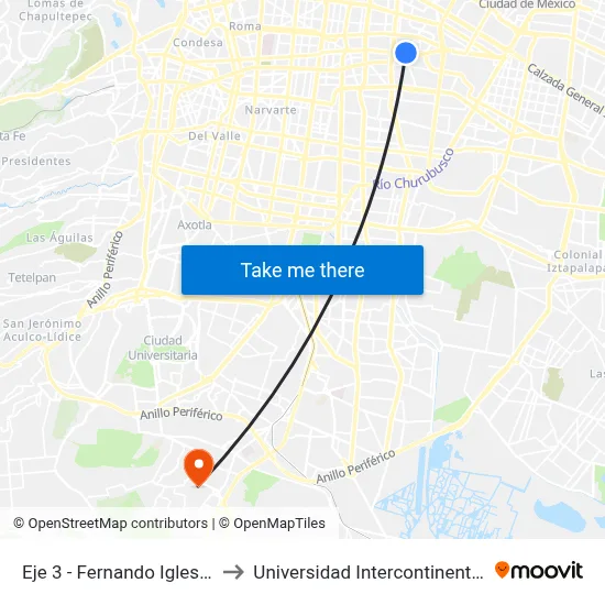 Eje 3 - Fernando Iglesias Calderón to Universidad Intercontinental Campus Sur map