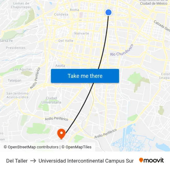 Del Taller to Universidad Intercontinental Campus Sur map