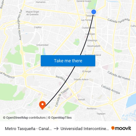 Metro Tasqueña - Canal de Miramontes to Universidad Intercontinental Campus Sur map