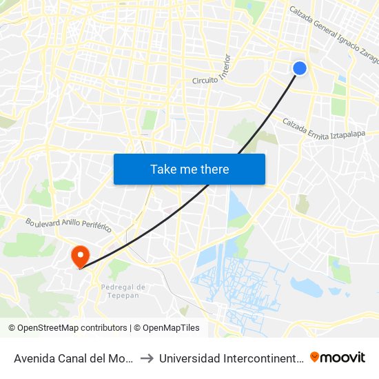 Avenida Canal del Moral Mz3 Lt62 to Universidad Intercontinental Campus Sur map