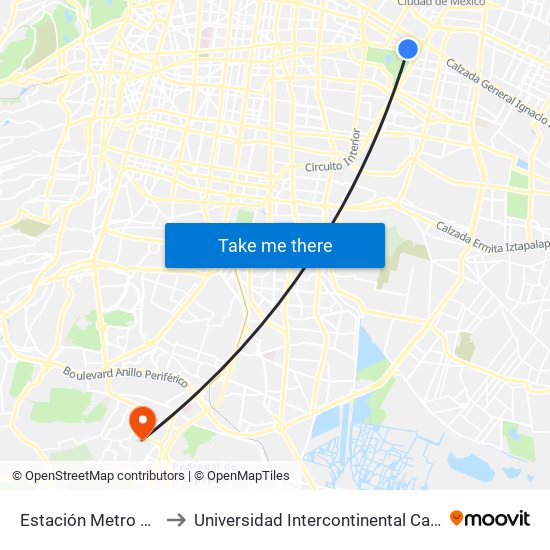 Estación Metro Puebla to Universidad Intercontinental Campus Sur map