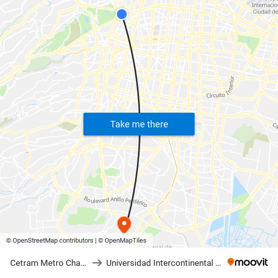 Cetram Metro Chapultepec to Universidad Intercontinental Campus Sur map