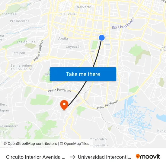 Circuito Interior Avenida Río Churubusco, 307 to Universidad Intercontinental Campus Sur map