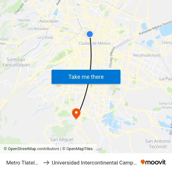 Metro Tlatelolco to Universidad Intercontinental Campus Sur map