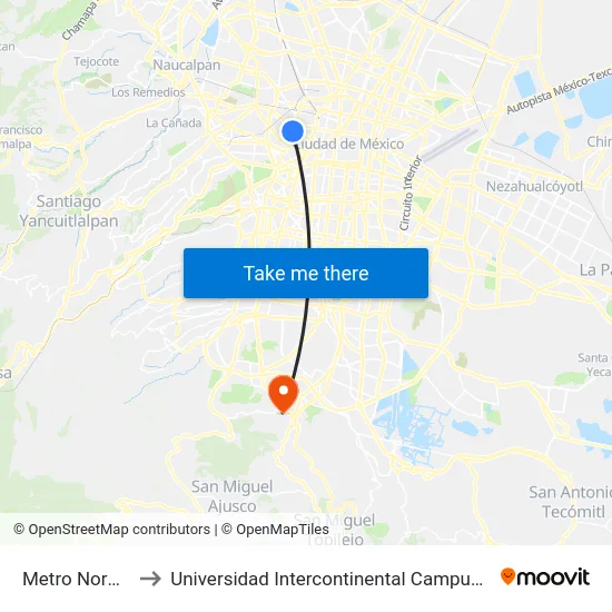 Metro Normal to Universidad Intercontinental Campus Sur map