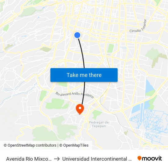 Avenida Río Mixcoac, 164 to Universidad Intercontinental Campus Sur map