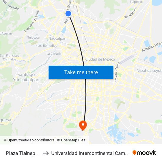 Plaza Tlalnepantla to Universidad Intercontinental Campus Sur map