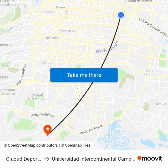 Ciudad Deportiva to Universidad Intercontinental Campus Sur map