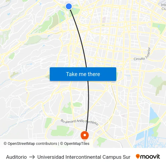 Auditorio to Universidad Intercontinental Campus Sur map