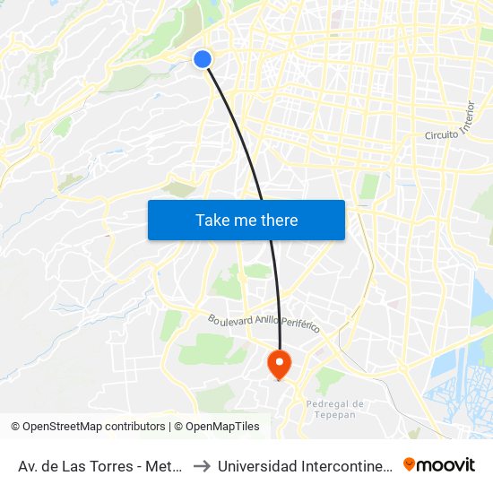 Av. de Las Torres - Metro Observatorio to Universidad Intercontinental Campus Sur map