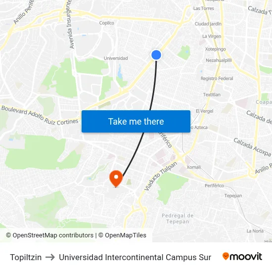 Topiltzin to Universidad Intercontinental Campus Sur map