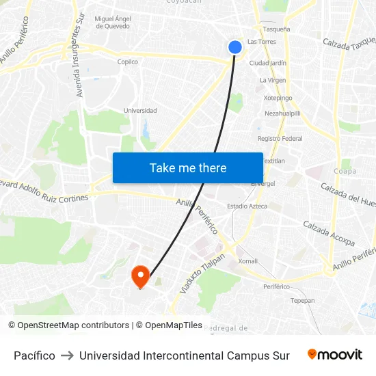 Pacífico to Universidad Intercontinental Campus Sur map