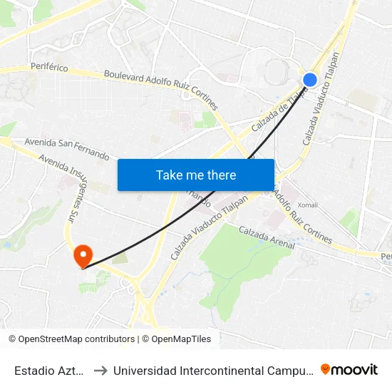 Estadio Azteca to Universidad Intercontinental Campus Sur map
