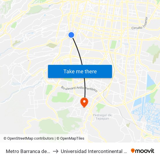 Metro Barranca del Muerto to Universidad Intercontinental Campus Sur map
